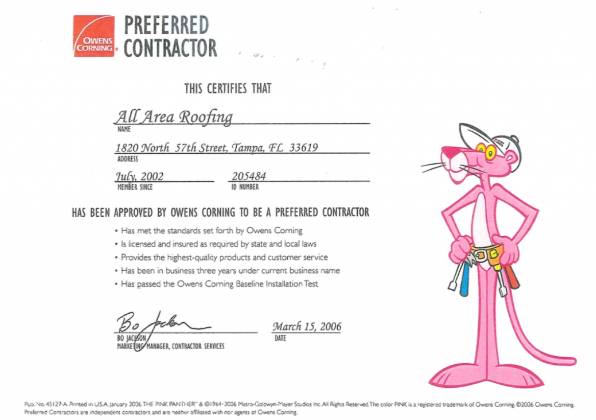 "All Area Roofing Owens Corning Preferred Contractor"