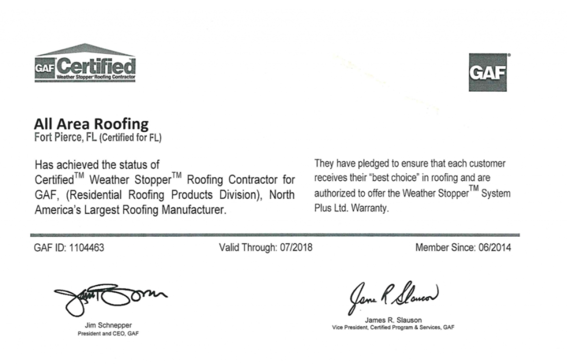 "All area roofing certified weather stopper roofing"